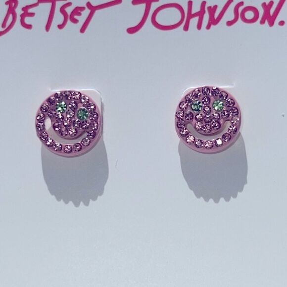 🩷 Betsey Johnson Pink and Green Crystal Smiley Face Earrings 🩷 - Picture 2 of 8